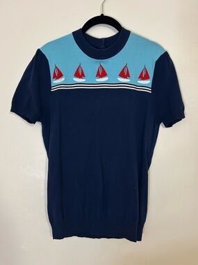 Unique Vintage Navy & Light Blue Short-Sleeve Sweater with Sailboat Embroidery
